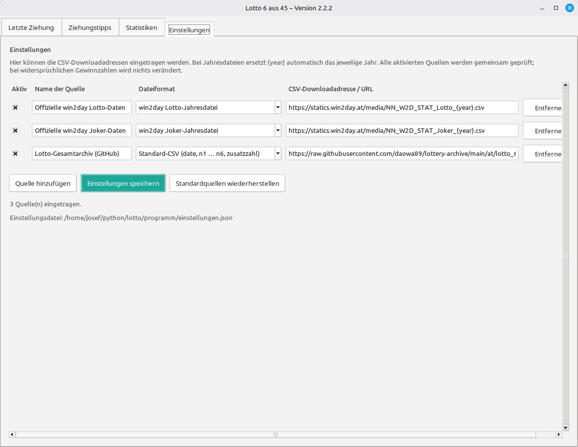 Einstellungen mit aktivierten CSV-Quellen und Downloadadressen