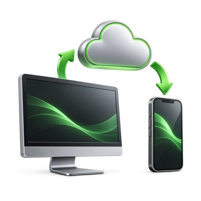 Computer und Handy mit einer Wolke und Verbindungspfeilen.