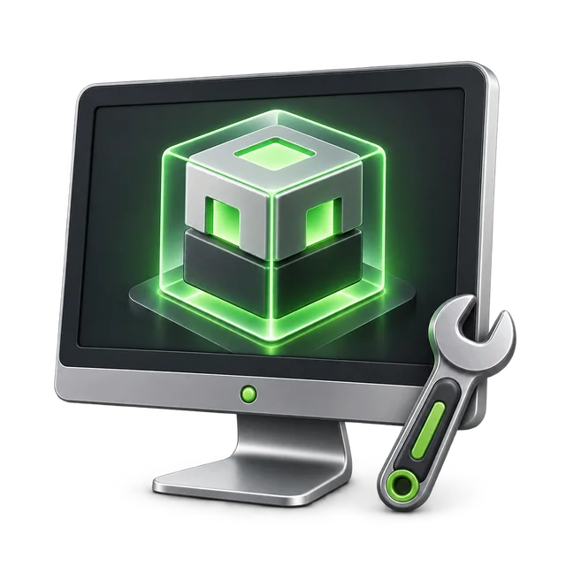 Monitor mit virtueller Maschine und Werkzeug.