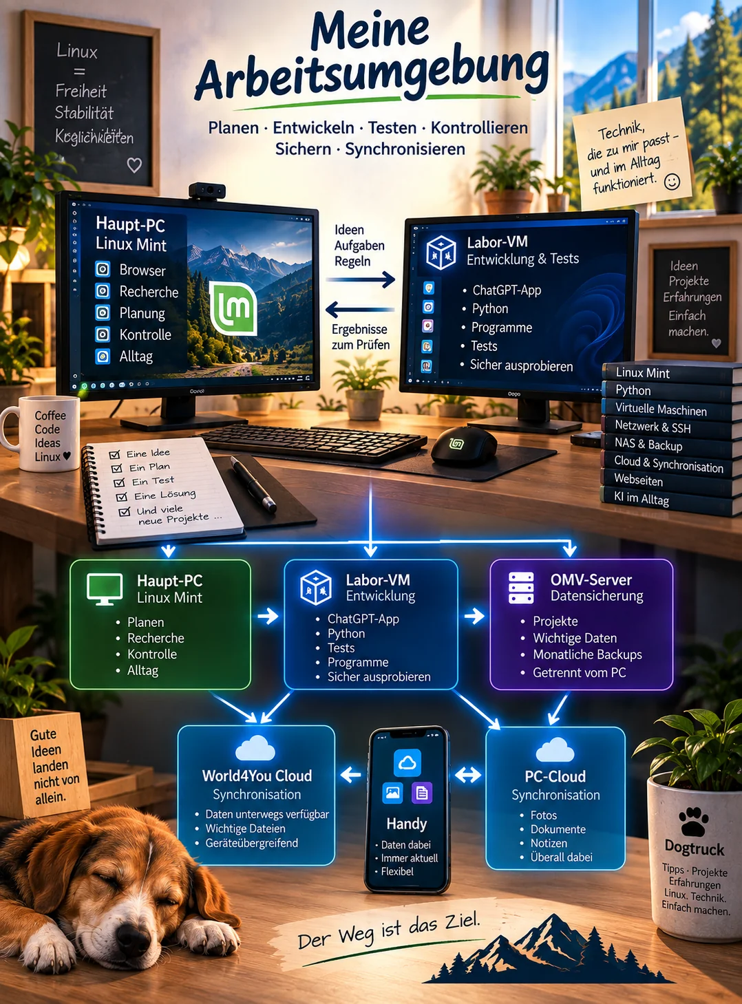 Mein Arbeitsplatz mit Haupt-PC, Labor-VM und einer Übersicht zu Sicherung und Cloud-Synchronisation.