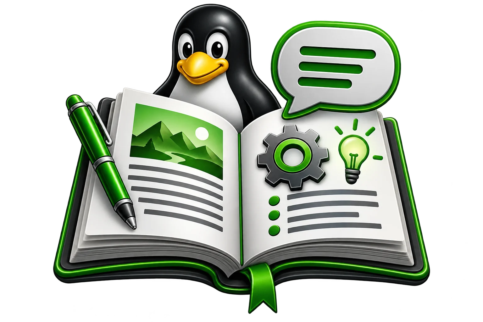 3D-Bloglogo mit Linux-Pinguin, offenem Buch, Stift und Sprechblase.