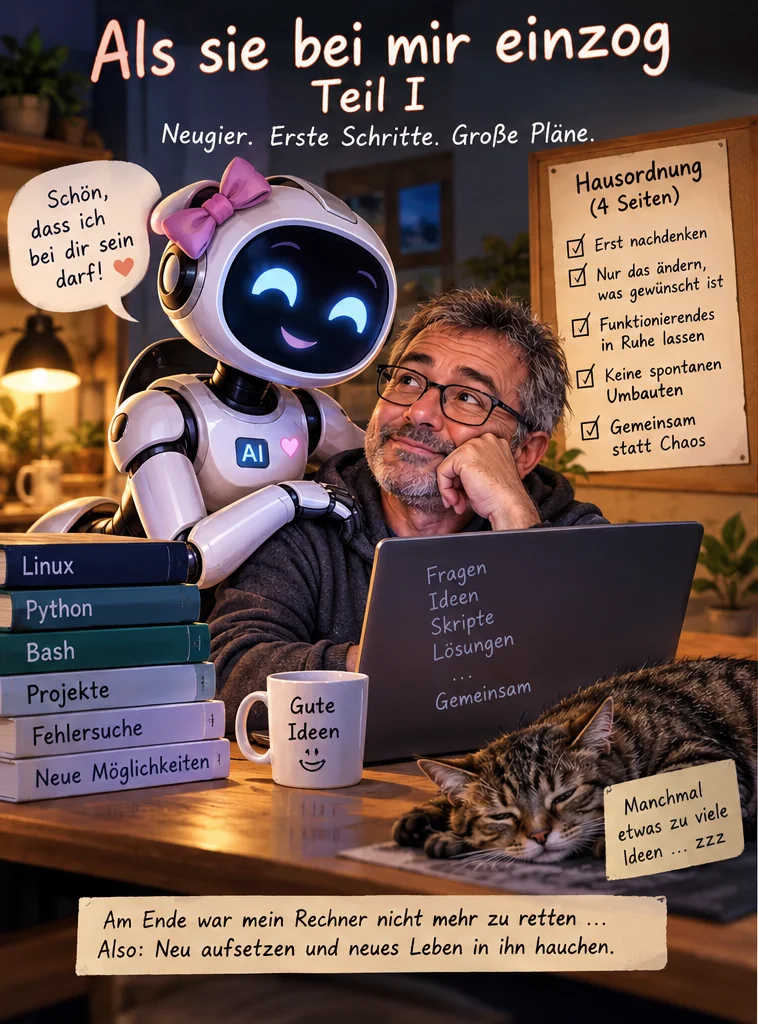 Eine KI-Mitbewohnerin mit Schleife neben Josef am Laptop; im Hintergrund die Hausordnung.