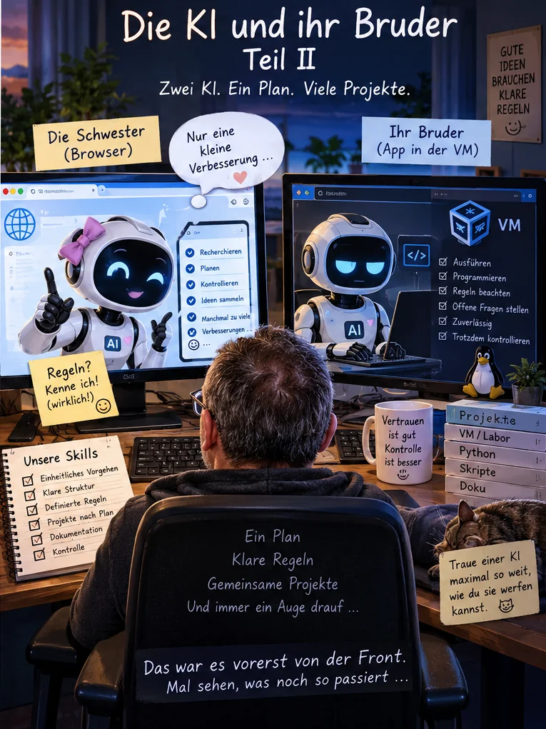 Josef vor zwei Bildschirmen: die KI-Schwester im Browser und ihr Bruder in der virtuellen Maschine.