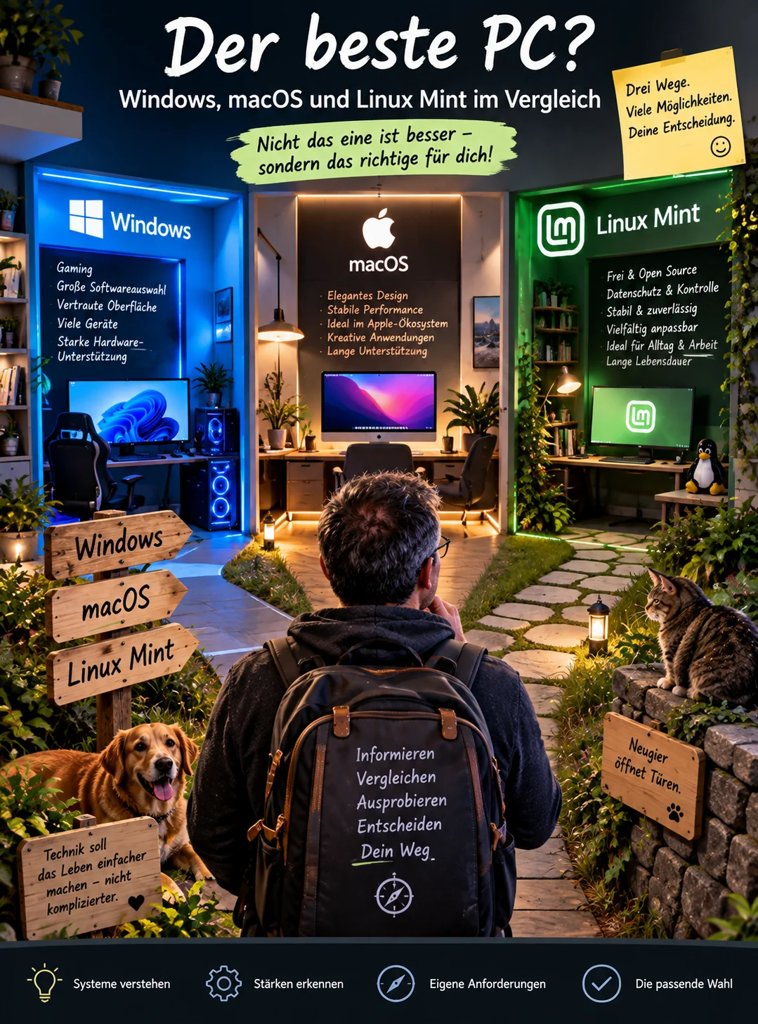 Ein Arbeitsplatz mit drei Bildschirmen für Windows, macOS und Linux Mint und Notizen zum Vergleich.