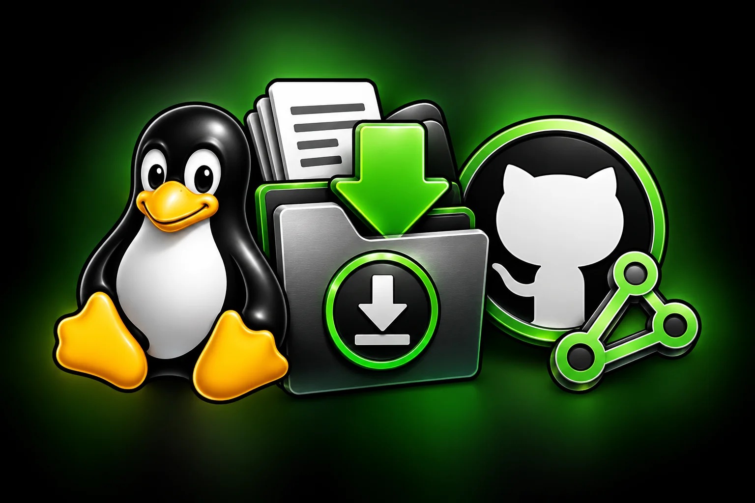 3D-Downloadlogo mit Linux-Pinguin, Dateiordner, Downloadpfeil und GitHub-Symbol.