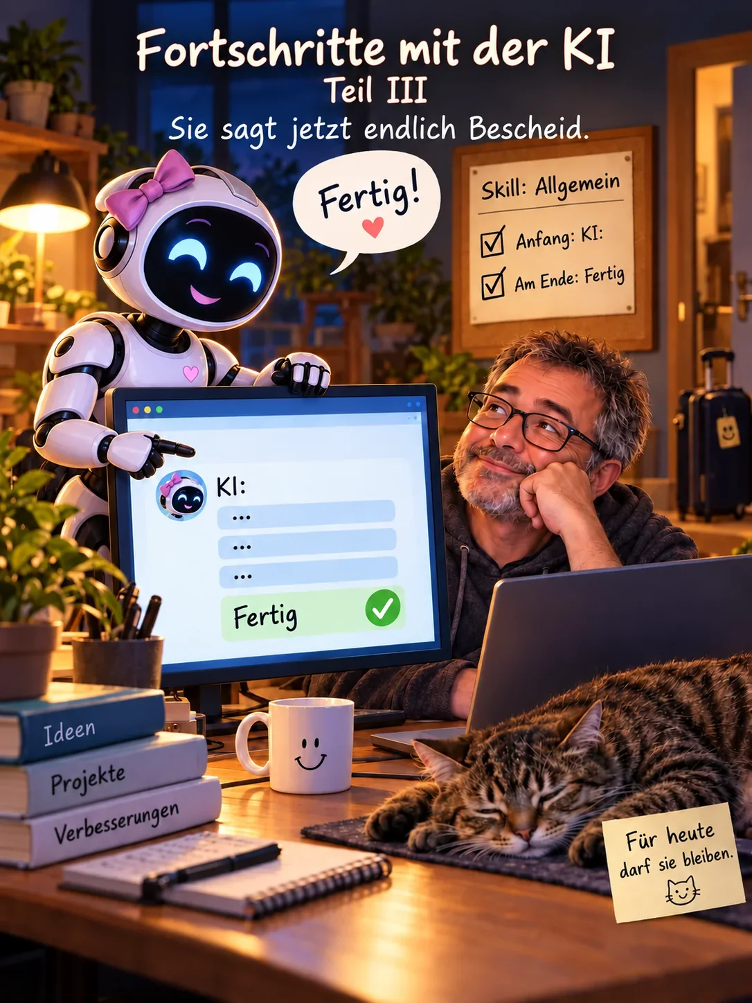 Roboterin zeigt den Fortschritt am Monitor.