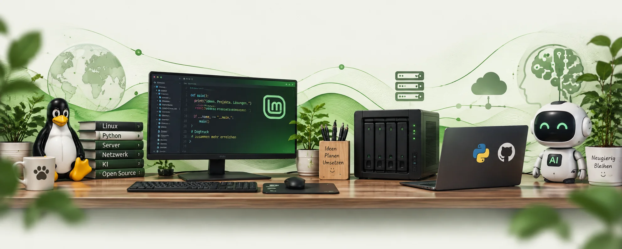 Arbeitsplatz mit Linux, Python, Servertechnik und einem KI-Roboter.