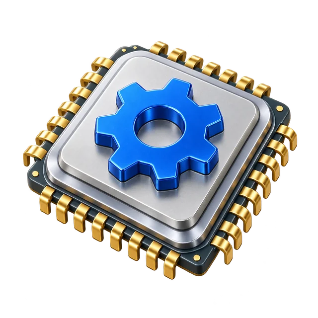 Systemchip mit Zahnrad für die Entwicklung der Betriebssysteme.