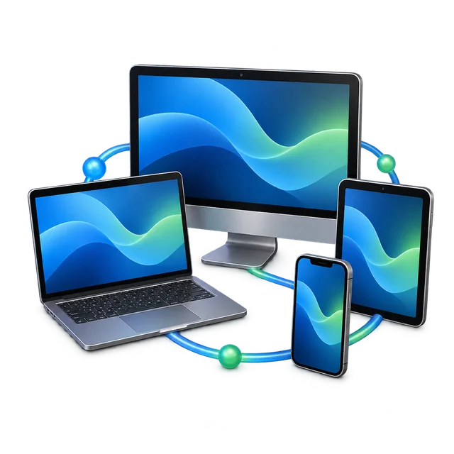 Computer, Notebook, Smartphone und Tablet als Geräteverbund.