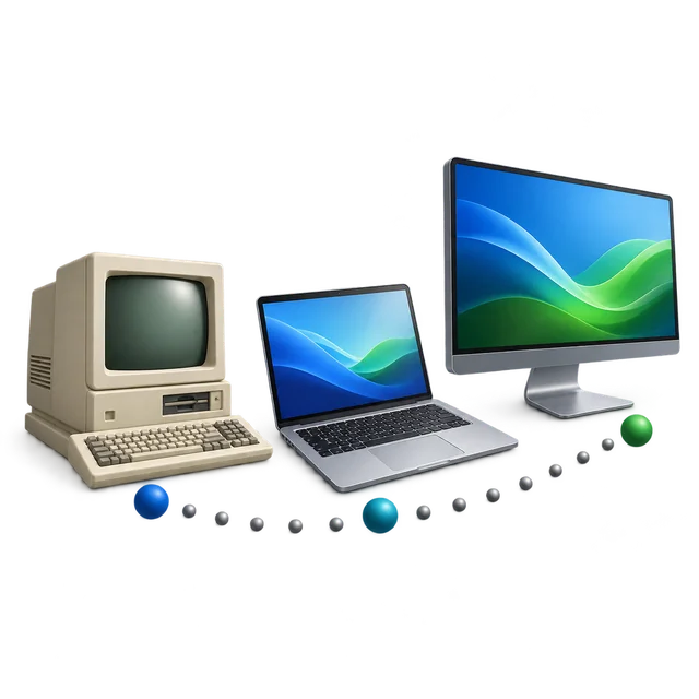 Früher Computer und moderne Rechner zeigen die Geschichte der Desktop-Systeme.