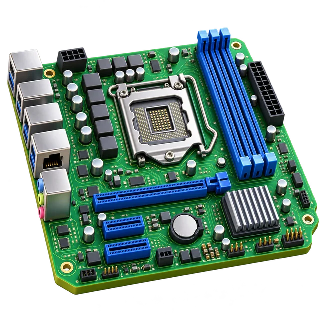 Mainboard mit Anschlüssen und Steckplätzen für Hardwarewahl und Herstellerbindung.