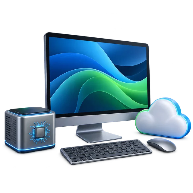 Computer, KI-Prozessor und Cloud als möglicher Ausblick auf zukünftige Systeme.